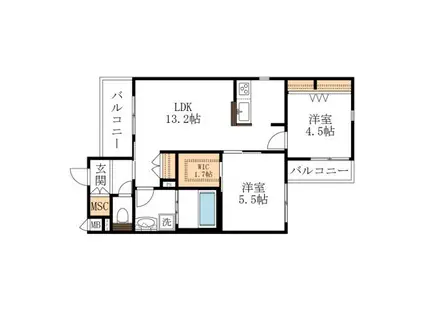 GRACE COURT西棟(2LDK/2階)の間取り写真