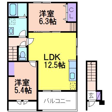 鹿沼市西鹿沼町2LDK(1LDK/2階)の間取り写真