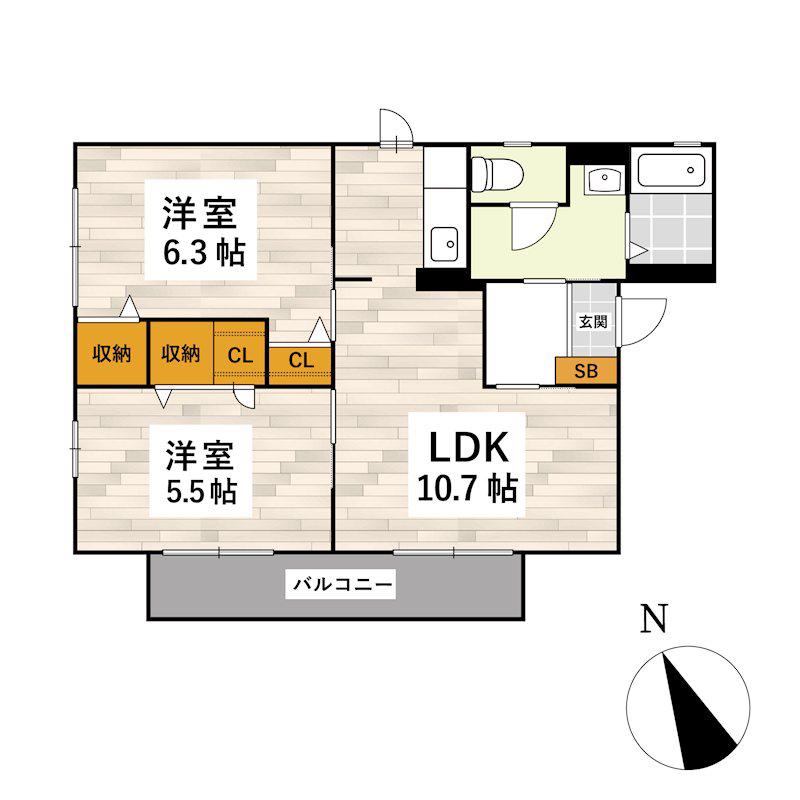 アイビー B棟(2LDK/2階)の間取り写真