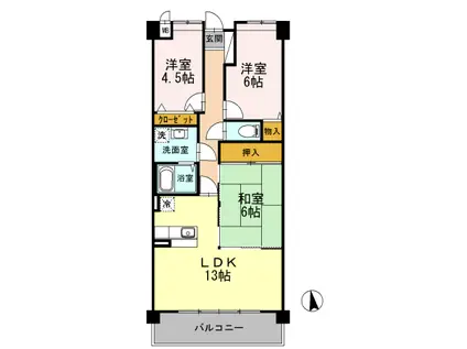 プラザハイツ二ツ屋 A棟(3LDK/1階)の間取り写真