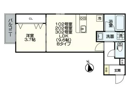 ジュネス宝生町(1LDK/3階)の間取り写真