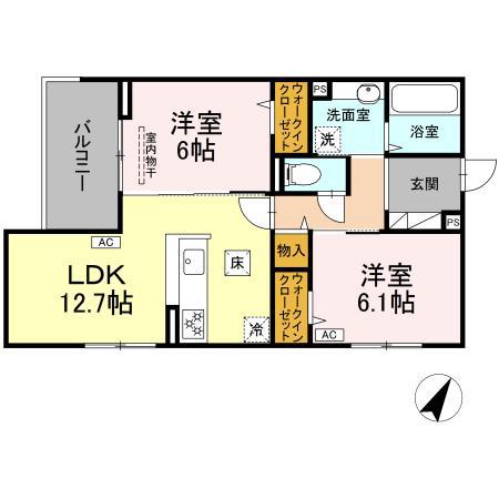 ヴィオルーチェ B棟(2LDK/1階)の間取り写真