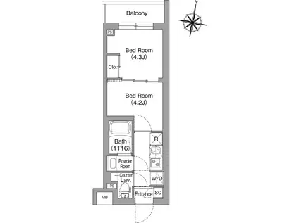 コンフォリア・リヴ東中野(2K/1階)の間取り写真