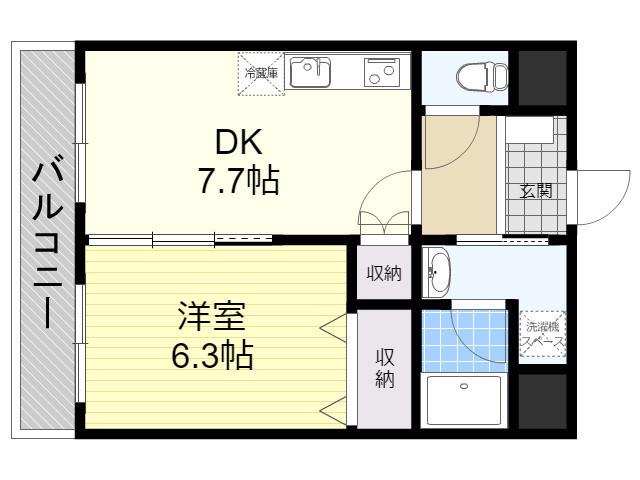 ハピネス鶴崎(1DK/3階)の間取り写真
