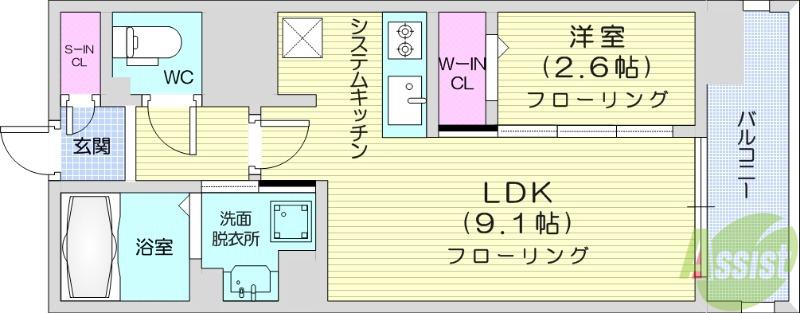シーズンフラッツ仙台鉄砲町(1LDK/10階)の間取り写真