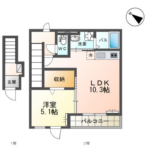 JR常磐線 牛久駅 徒歩30分 2階建 築2年(1LDK/2階)の間取り写真