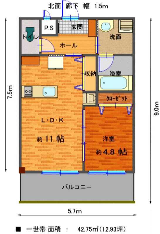 スズカレジデンス神辺(1LDK/2階)の間取り写真