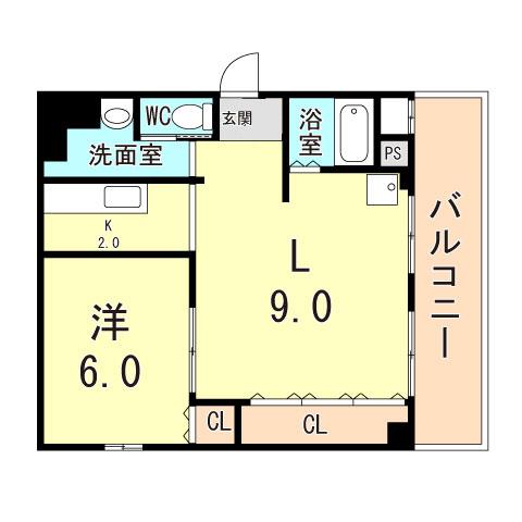 グランドハイツ浜甲子園(1LDK/2階)の間取り写真