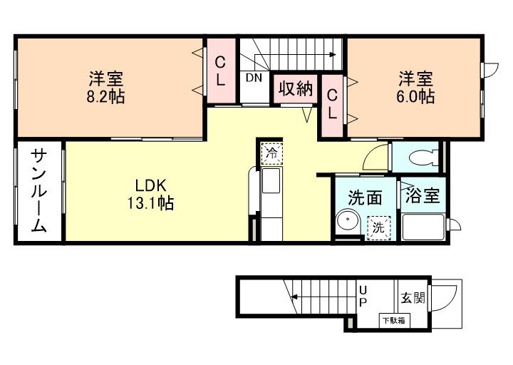FIFTYーFIFTYD棟(2LDK/2階)の間取り写真