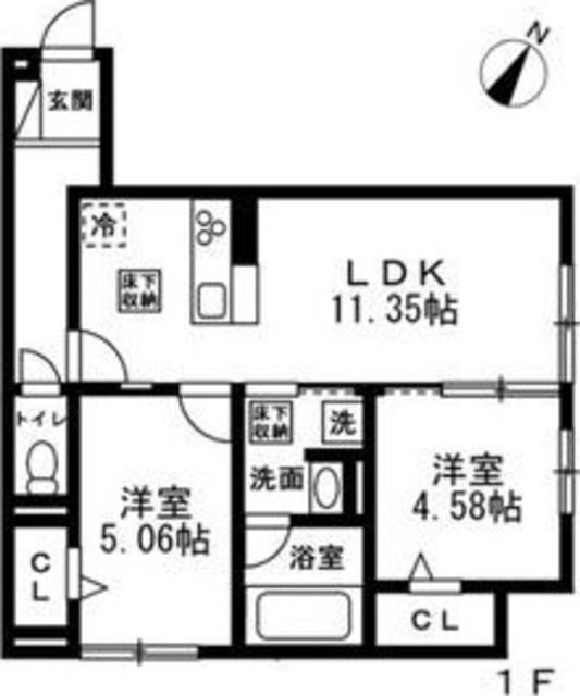 国立市谷保4丁目PJ 共同A棟(2LDK/1階)の間取り写真