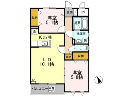 ヴィ・フォンテ(2LDK/2階)の間取り写真