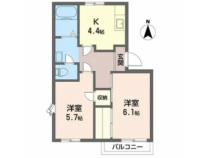 ホワイティハイツ C棟(2K/2階)の間取り写真