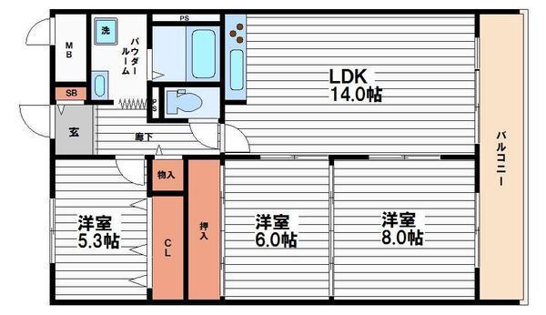 シャトー南船場(3LDK/3階)の間取り写真