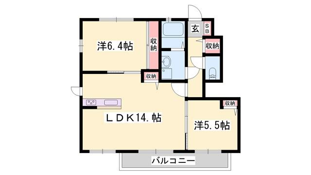 アパーゼ英賀ボヌール英賀(2LDK/1階)の間取り写真