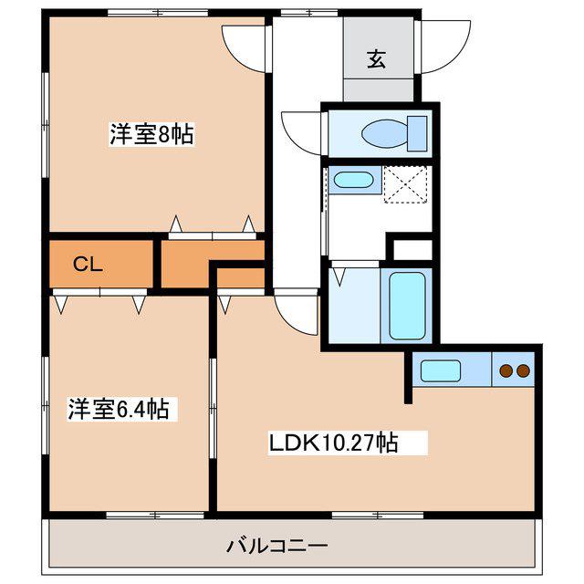 ヴィラージュ山辺 B(2LDK/3階)の間取り写真