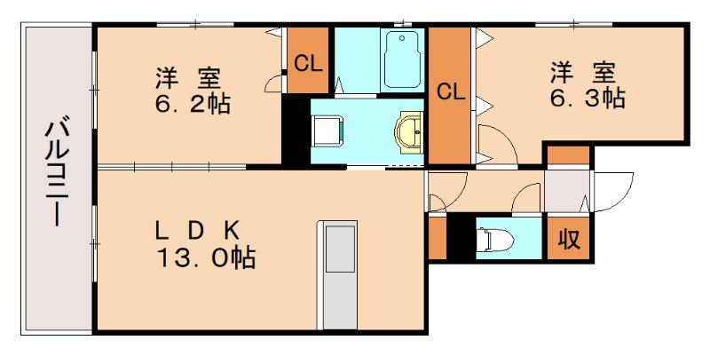 ルーチェ博多南B棟(2LDK/1階)の間取り写真
