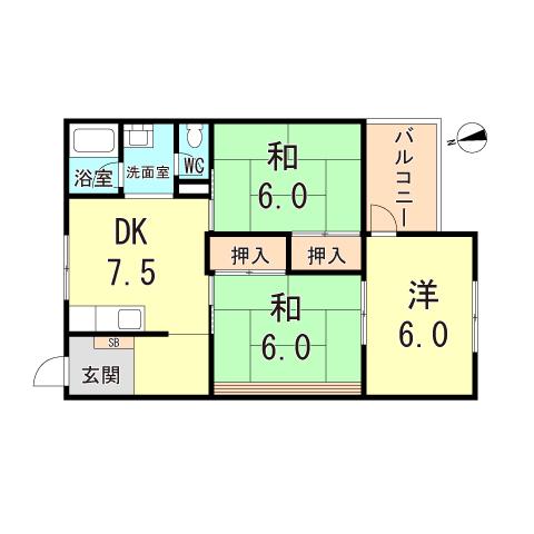 白川台グリーンハイツ(3DK/4階)の間取り写真