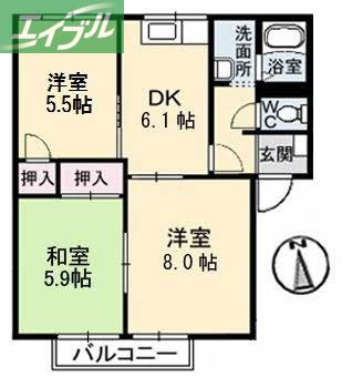 ルボアール21B棟(3DK/2階)の間取り写真