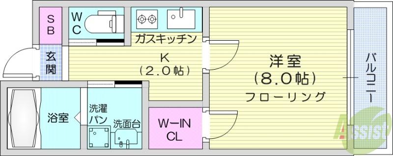 ヴィアーレ勾当台Ⅱ(1K/2階)の間取り写真