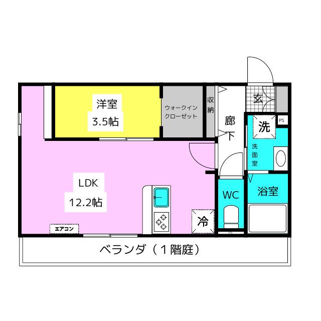 ウエストヒルズ那珂川(1LDK/1階)の間取り写真