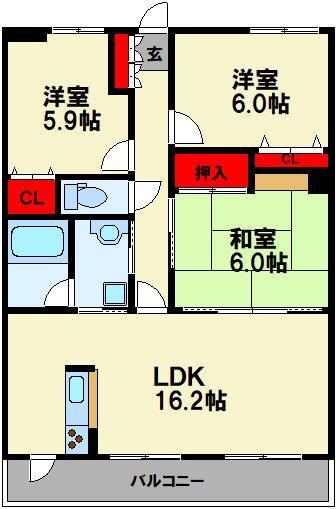 JSマンション伊岐須ガーデン(3LDK/6階)の間取り写真