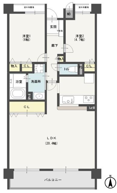 グランデージ王寺(2LDK/4階)の間取り写真