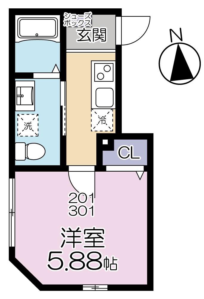 グランシャレー千住旭町(1K/2階)の間取り写真
