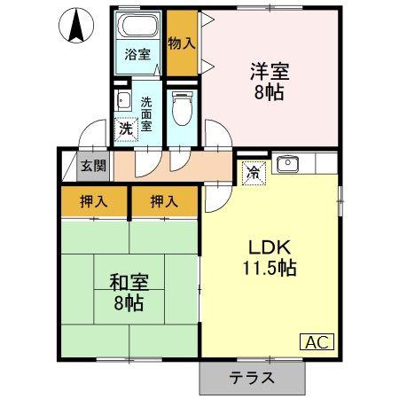 ウィンディビレッジ B棟(2LDK/1階)の間取り写真