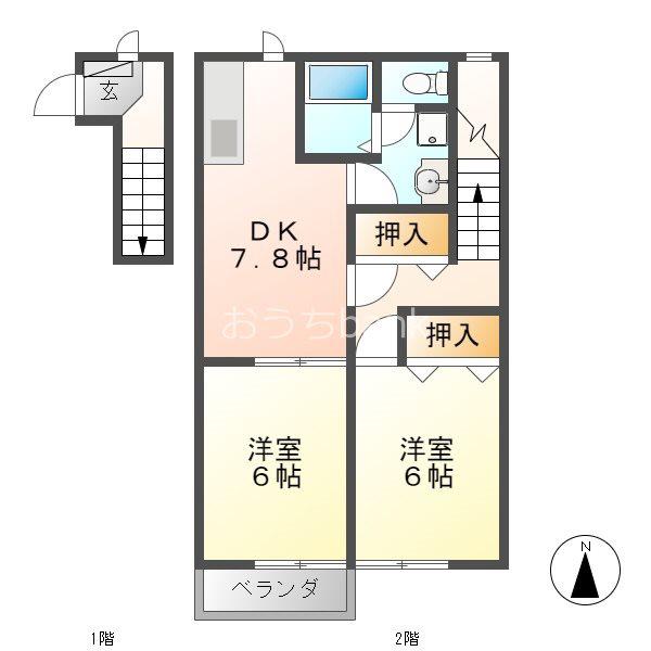 スクエア21 B(2DK/2階)の間取り写真