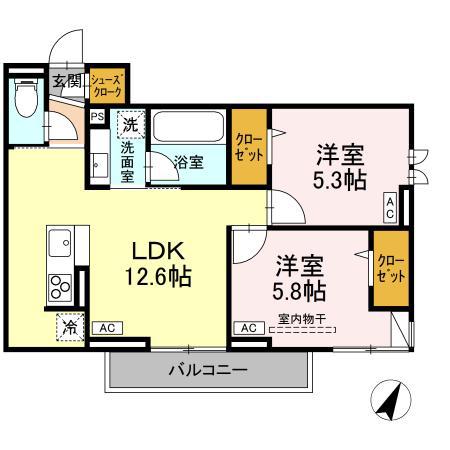 アセット-コート立川上砂町5丁目 B棟(2LDK/2階)の間取り写真