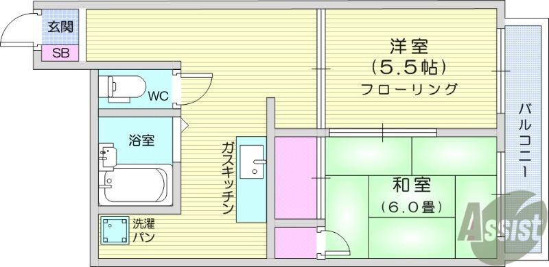 仙台リバーサイドプラザ(2DK/6階)の間取り写真
