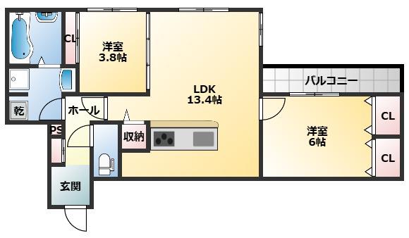 D-ROOM八尾市東本町3丁目(2LDK/2階)の間取り写真