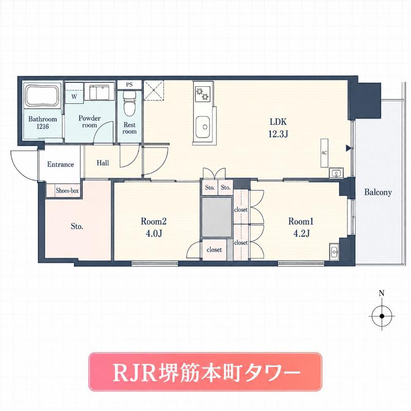 RJR堺筋本町タワー(2LDK/5階)の間取り写真
