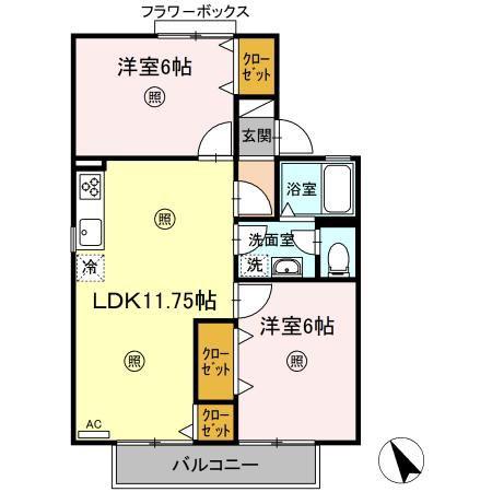 ウエストバンブー β(2LDK/1階)の間取り写真
