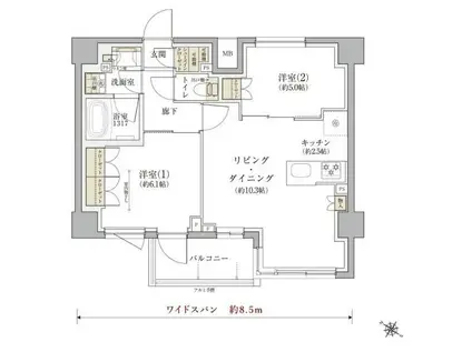 テナス千歳船橋(2LDK/3階)の間取り写真