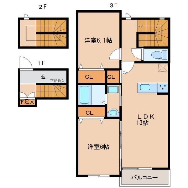 エクセラン朝妻(2LDK/3階)の間取り写真