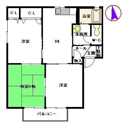 オーロラ北野C棟(3DK/2階)の間取り写真
