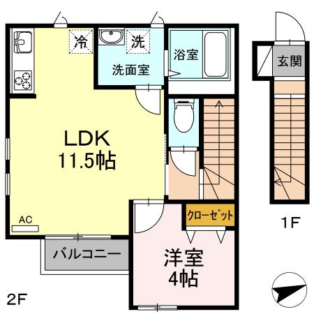 ブルーノート宮城野(1LDK/2階)の間取り写真