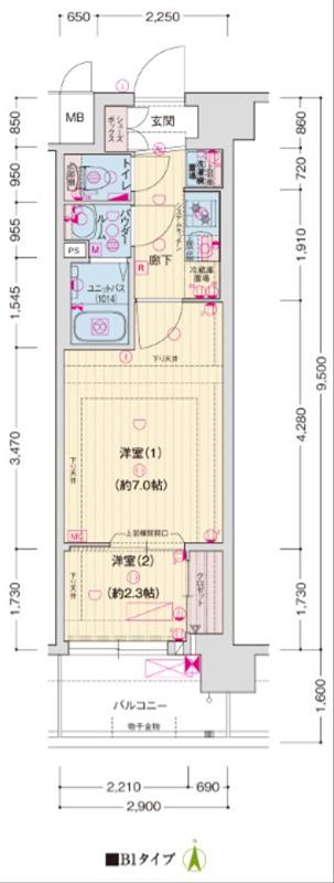 ソルテラス京都西院 悠洛(2K/2階)の間取り写真