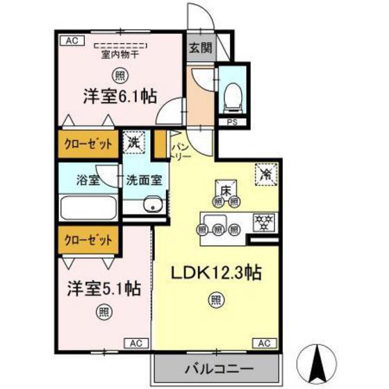 シャンポールさい E棟(2LDK/1階)の間取り写真