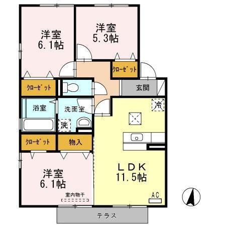 ハルブラッサム A棟・B棟(3LDK/1階)の間取り写真