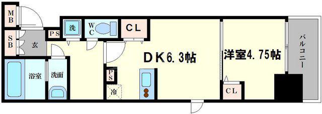 ラグゼ難波南(1DK/9階)の間取り写真