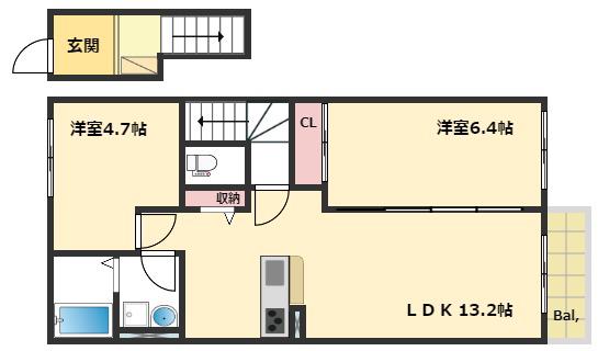 CASA DEAR(2LDK/2階)の間取り写真