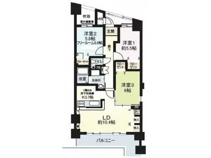 グラシア久宝園(3LDK/5階)の間取り写真