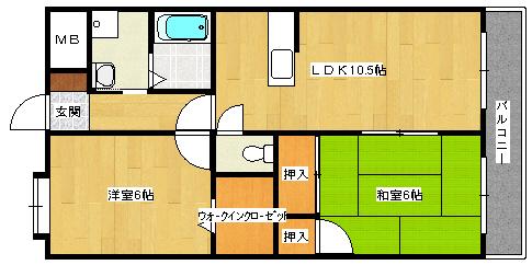 ハピネス岩田(2LDK/3階)の間取り写真