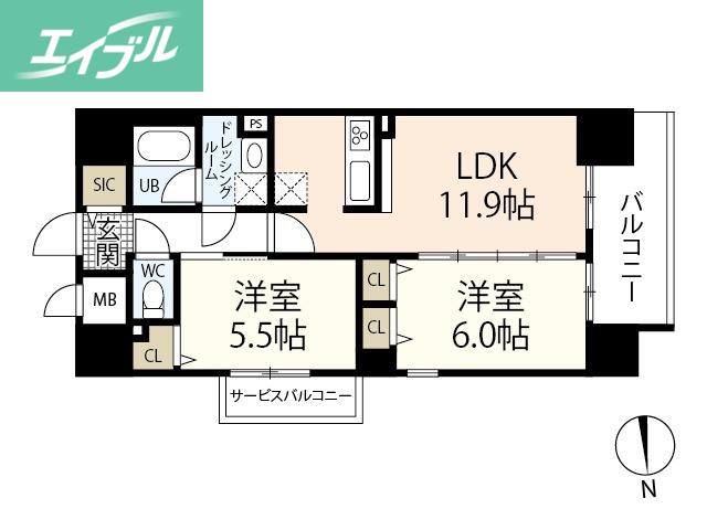 セントラルアヴェニュー田町(2LDK/9階)の間取り写真