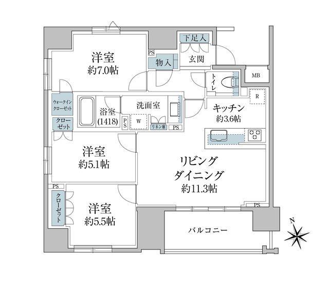 グランスイート八丁堀(3LDK/3階)の間取り写真