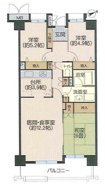 小松川五番館1号棟(3LDK/2階)の間取り写真