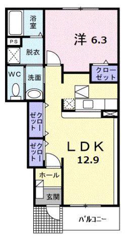 メロウ・パーシモン A(1LDK/1階)の間取り写真