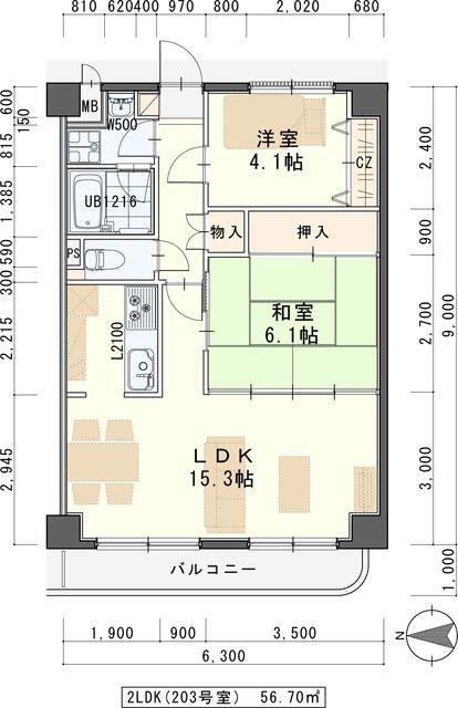 グレンパレスOKINO(2LDK/2階)の間取り写真